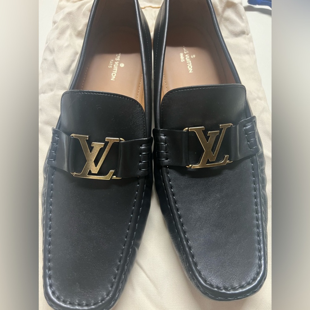 Louis Vuitton Black Leather Loafers with Gold Logo
